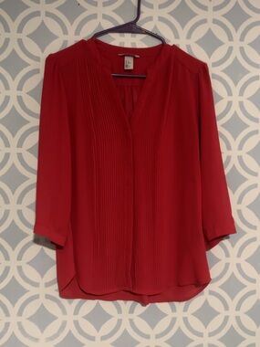 H&M Red Pleated V-Neck Blouse